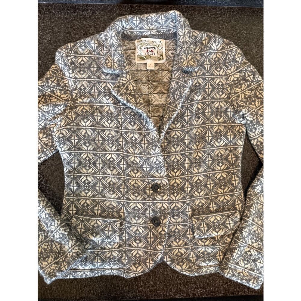 Chelsea & Violet Gray and White  Nordic pattern Knit Blazer lambs Wool size S